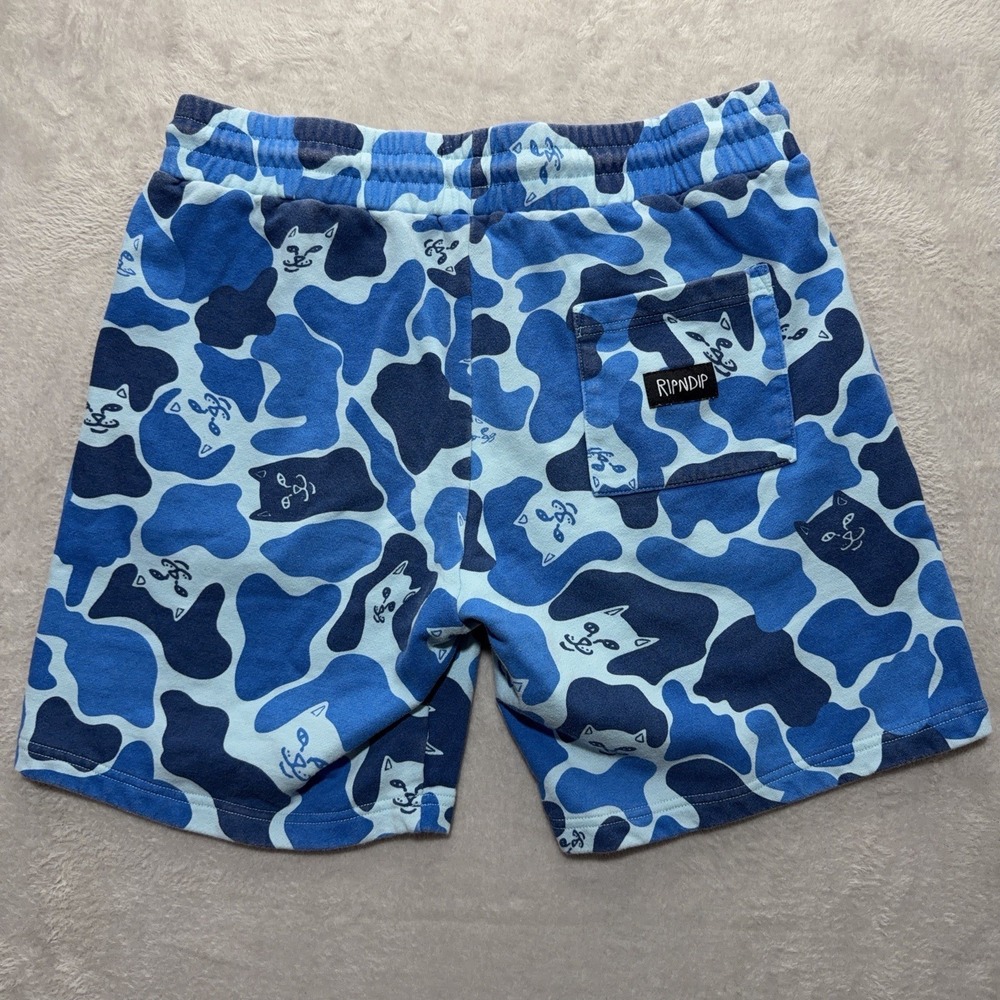RIPNDIP Lord Nermal Blue Camo Sweat Shorts Mens L Cat Camouflage Fleece Board - Picture 7 of 12